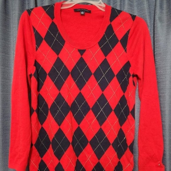 Tommy Hilfiger Sweaters - Tommy Hilfiger red black rhombus cotton sweater XL